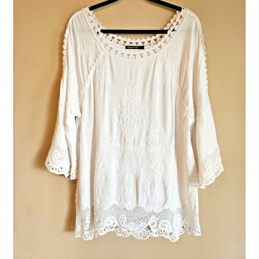 SpiaggiaDolce Sz L White Boho Embroidered Lace Angel Sleeves Relaxed Fit Blouse